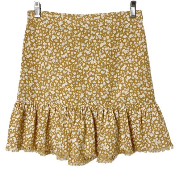 Cotton On Women's Mini Skirt S Mustard Yellow Floral Ruffled Frayed Hem Pull On - Picture 1 of 11